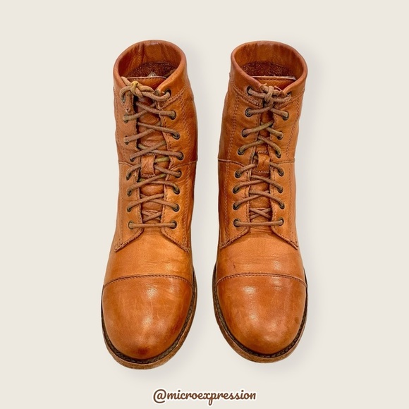 Frye Erin Lug Work Lace Up Combat Cognac Brown Leather Winter Fall Ankle Boot - Picture 11 of 16